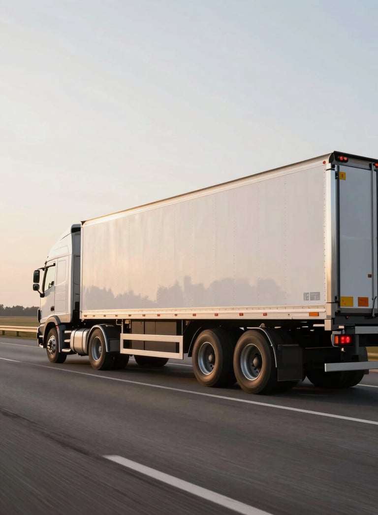 A side profile of a clean, modern vehicle carrier truck driving down a wide Nebraska highway. The sky is a soft off-white with early morning light. The composition is sleek and professional, emphasizing efficiency and speed.