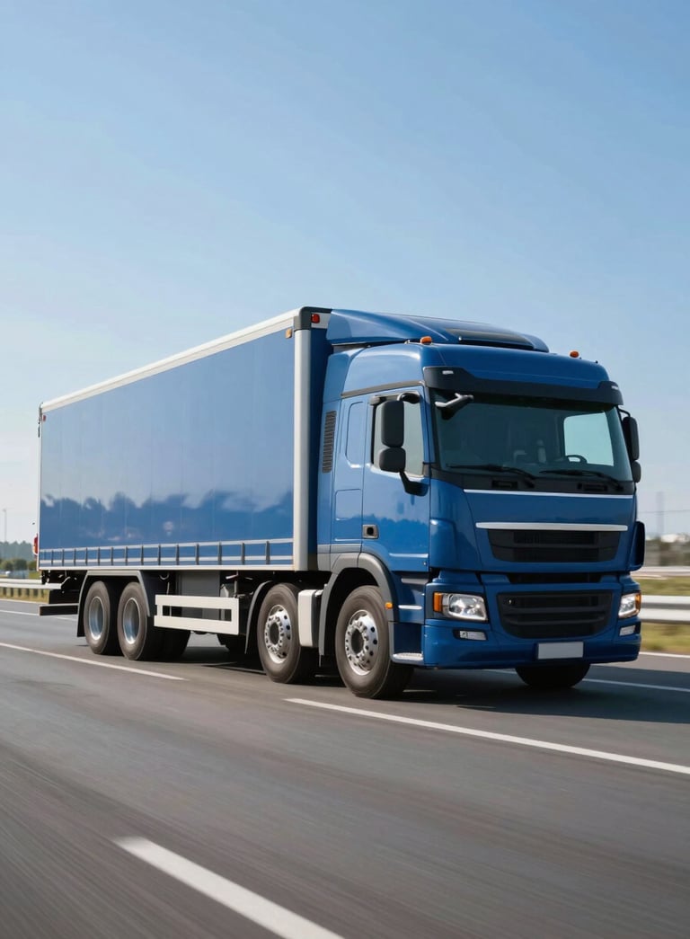 A professional transport truck driving on a clean, modern asphalt road under a bright blue sky, the truck body reflects the corporate palette of #A4B7C4 and #3F5B6F, minimalist and high-quality photography.