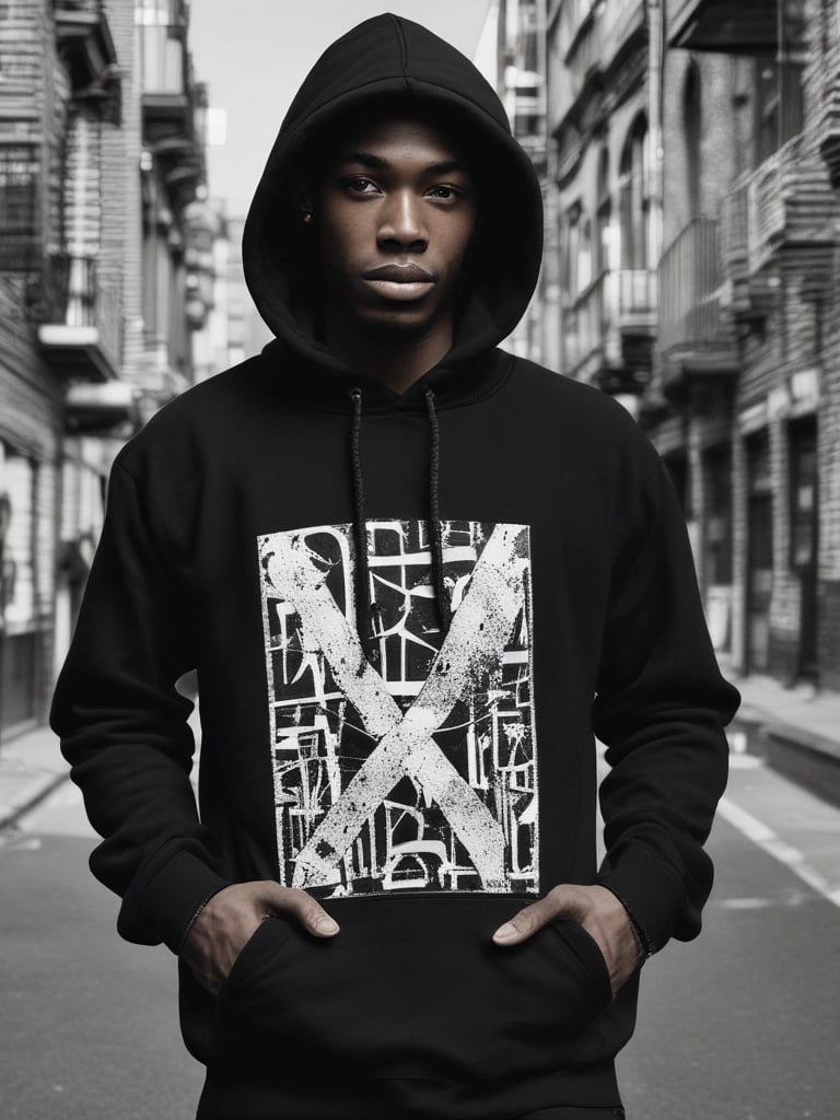 a man in a black hoodie and a hoodie with a large x on