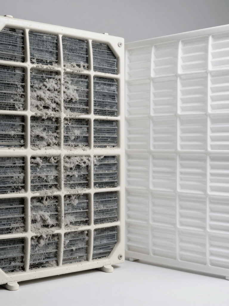 High-contrast split photography showing a dirty air conditioner filter covered in thick grey dust on the left versus a perfectly white and sanitized clean filter on the right, bright professional studio lighting.