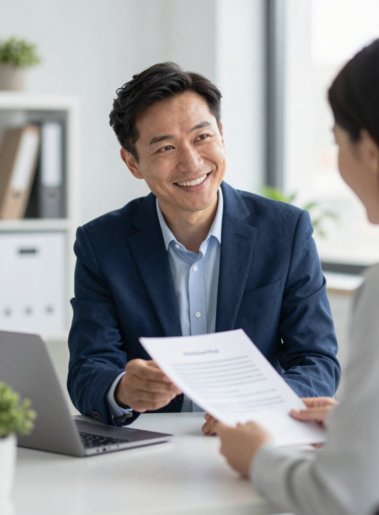 A professional and friendly consultant in a bright office environment, smiling while explaining a document to a client, incorporating brand colors #0F1C2E and #F8FBFD in the background decor.