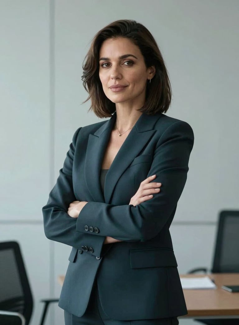 A professional portrait of a woman with a confident, empathetic expression, wearing a dark charcoal teal suit, in a modern office with pale mist grey walls.