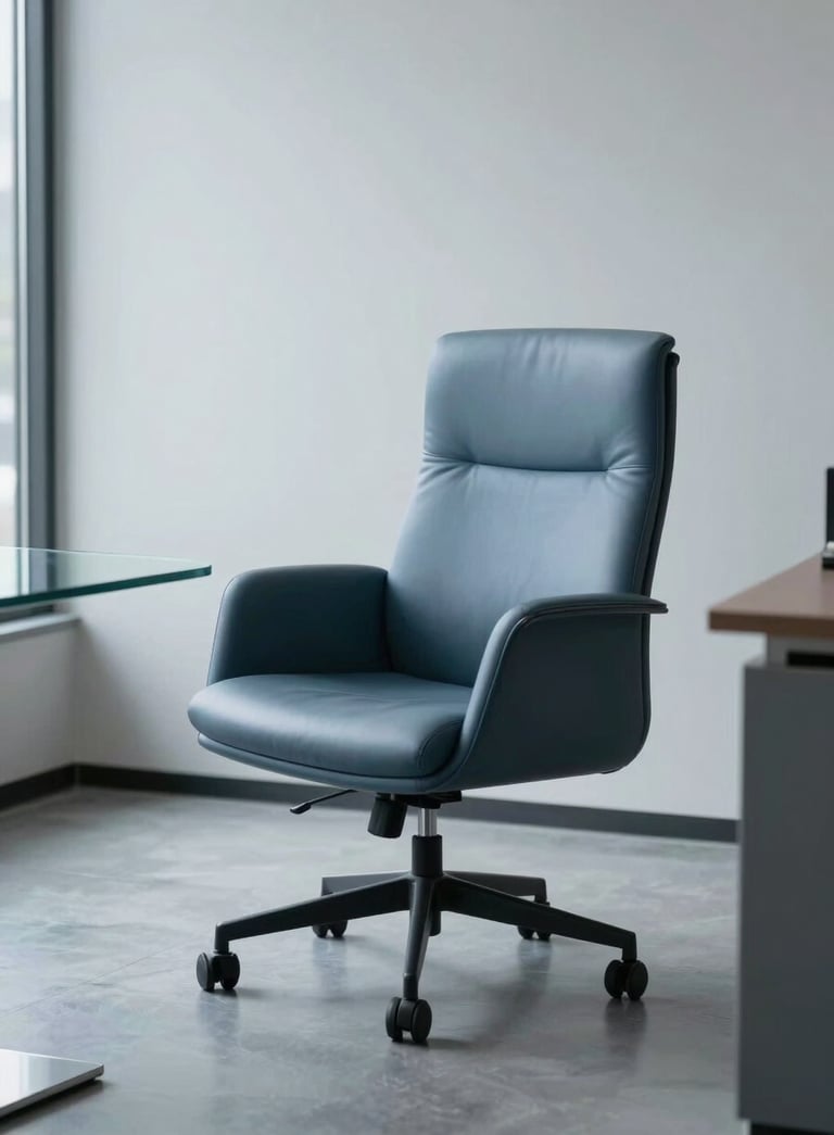 A minimalist North American office interior with a single refined leather chair, a glass table, and soft natural lighting, predominantly in shades of slate blue and light grey.