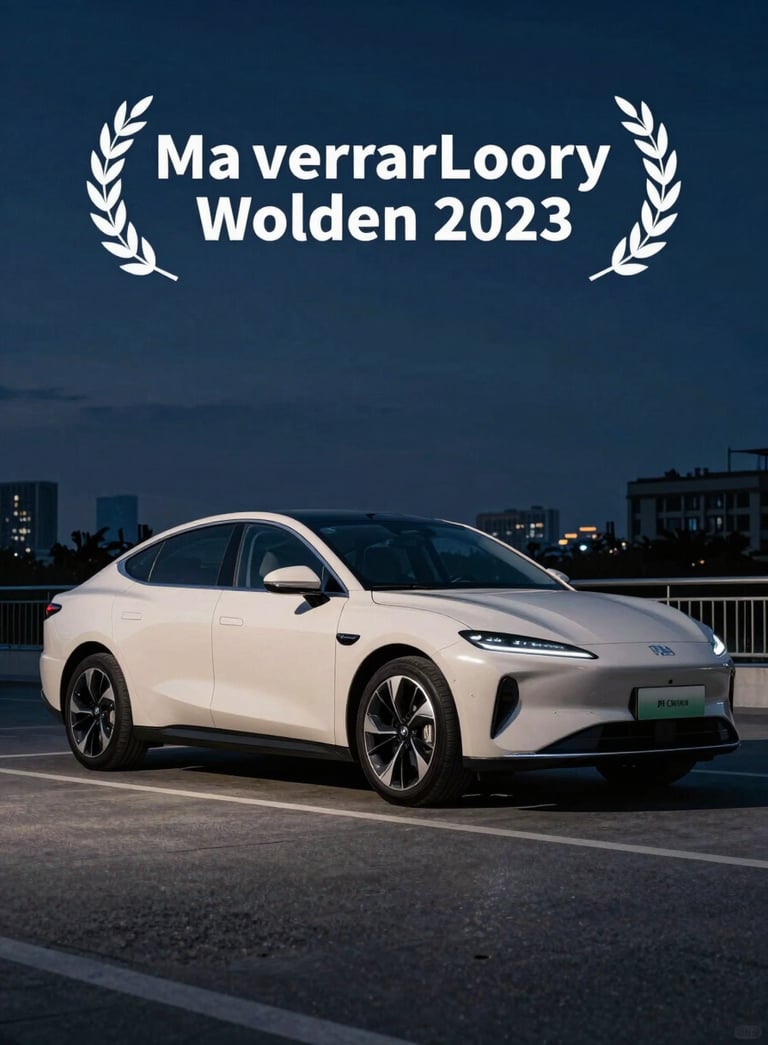 A sleek, off-white modern sedan parked on a clean city street at dusk, the dark navy blue evening sky creating a professional and reliable atmosphere, sharp automotive photography style.