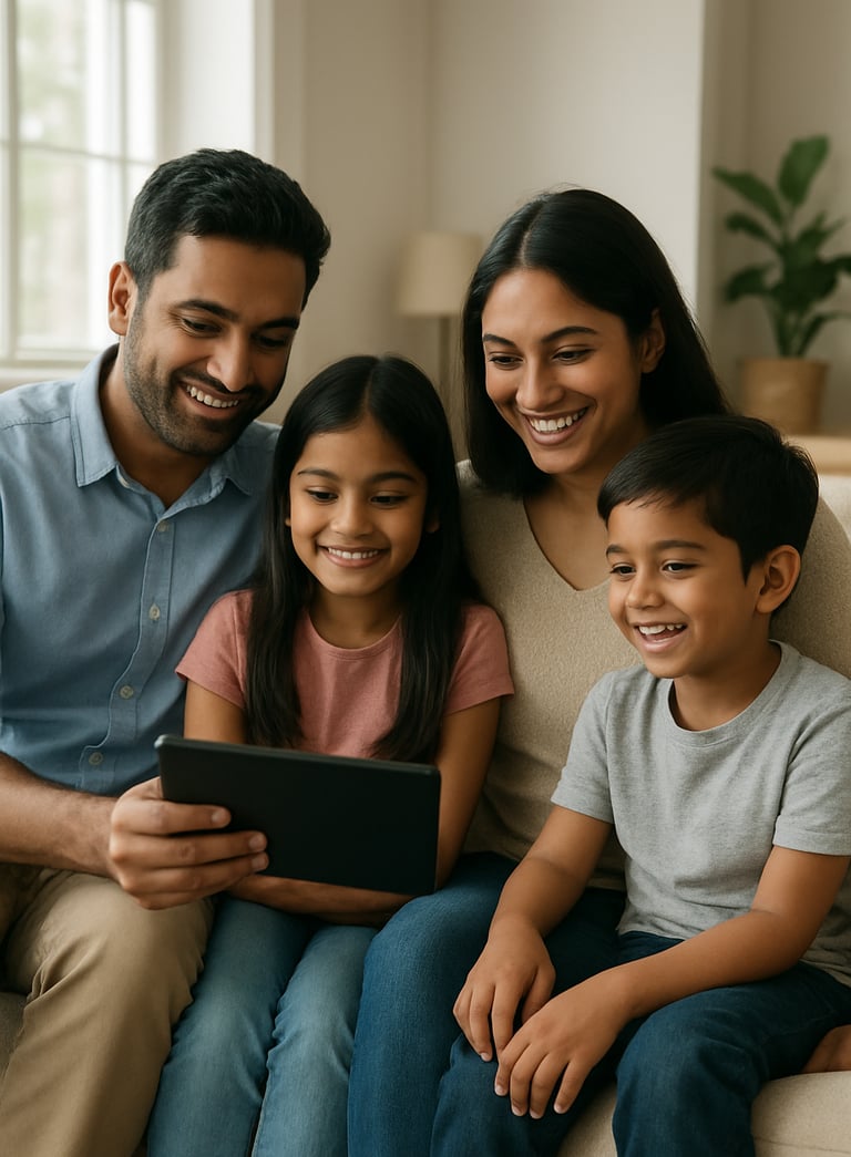 A portrait of a happy South Asian / Indian family sitting on a sofa in a bright, modern living room, looking at a digital tablet together, soft natural lighting.