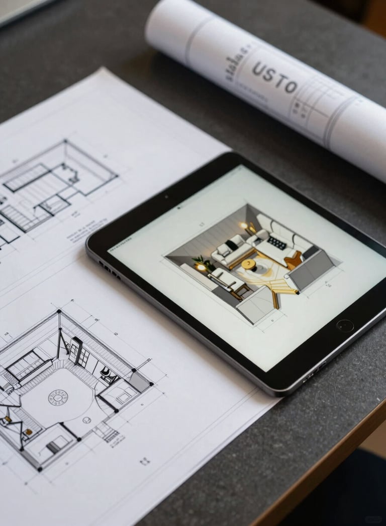 A close-up photograph of architectural blueprints and a digital tablet showing a 3D interior layout on a polished dark charcoal desk. The scene conveys professional expertise and modern design tools in a US studio setting.