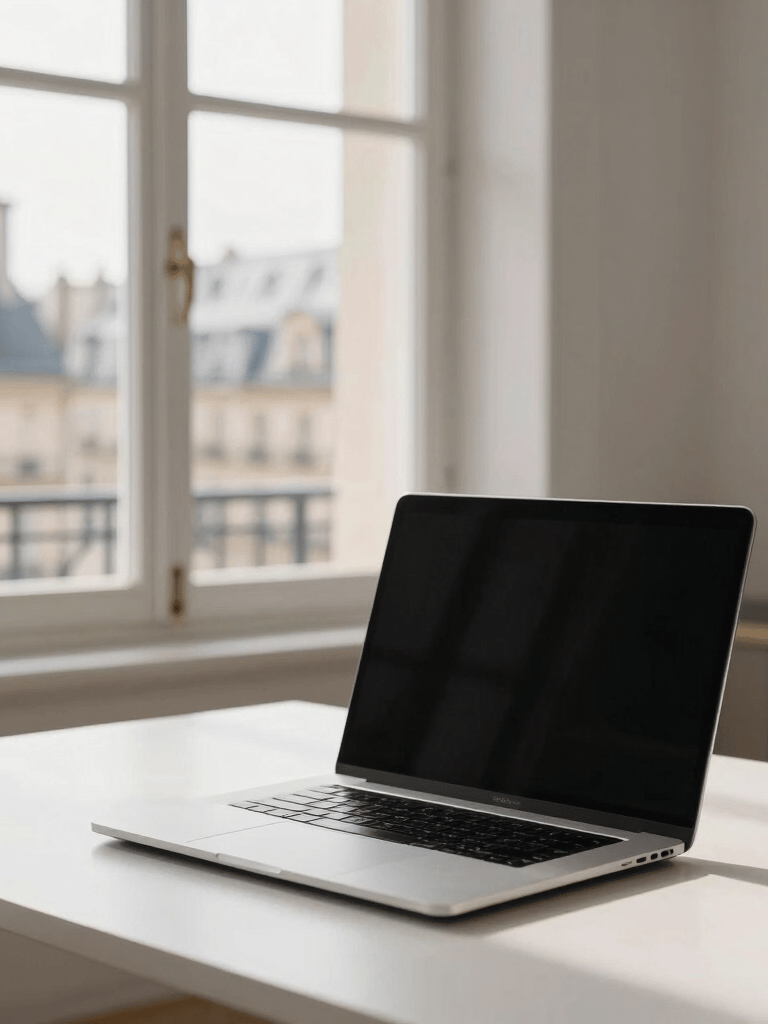 A sleek, minimalist home office in a French city with a view of historical architecture through the window, bright morning light, and a high-tech laptop on a white desk.