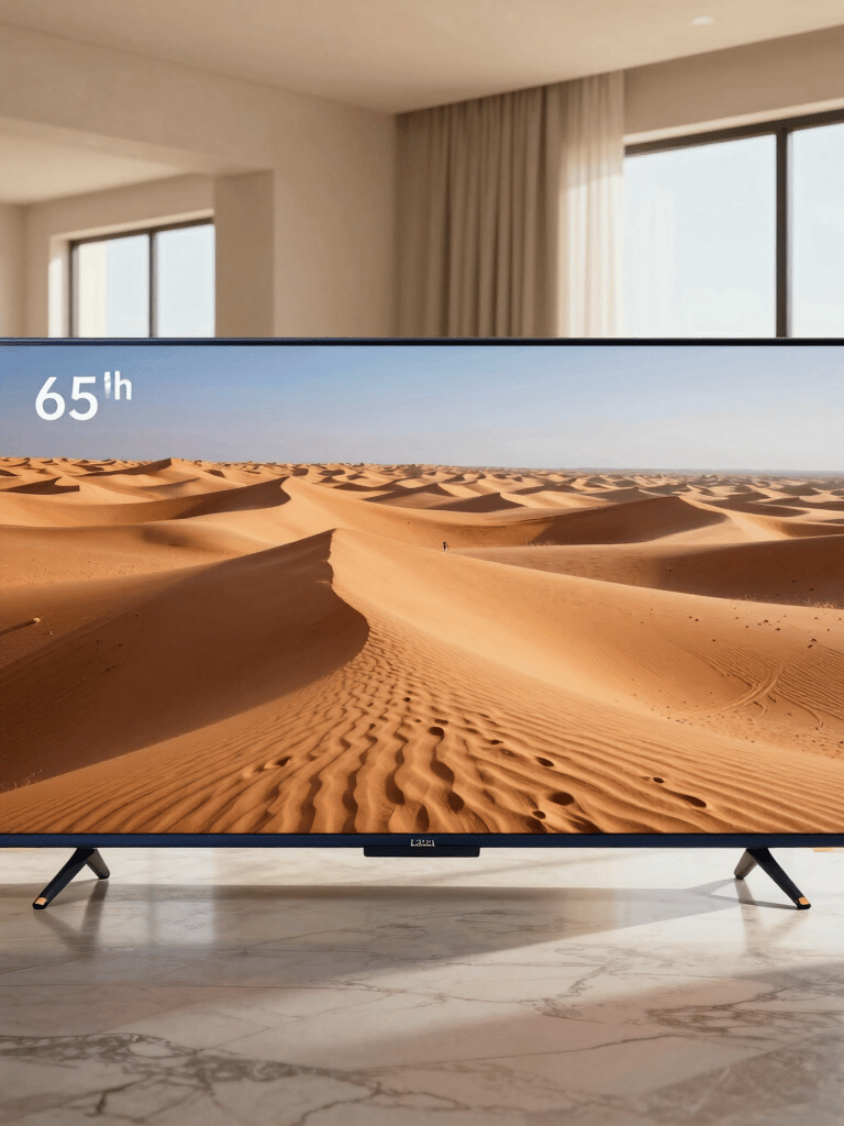 A high-end 65-inch OLED television displaying a vivid desert landscape, situated in a minimalist Middle Eastern living room with polished marble floors. Soft, warm lighting from large windows, professional atmosphere with navy blue and gold accents.