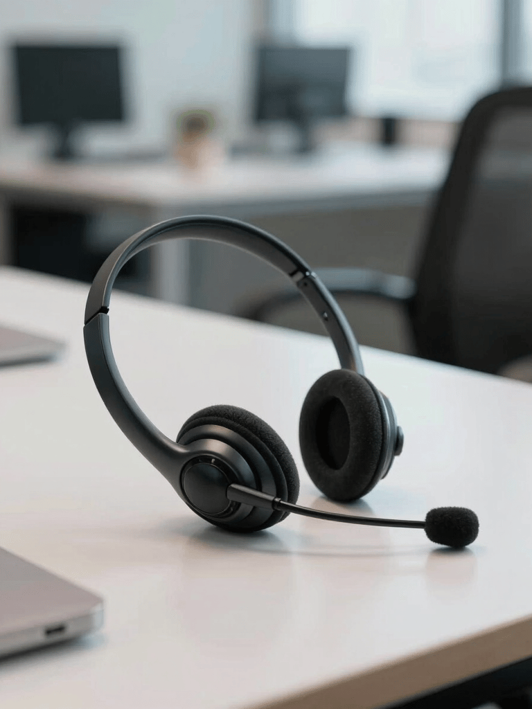 A professional South American / Brazilian office setting focusing on a sleek headset resting on a modern desk with a blurred background of an efficient workspace.