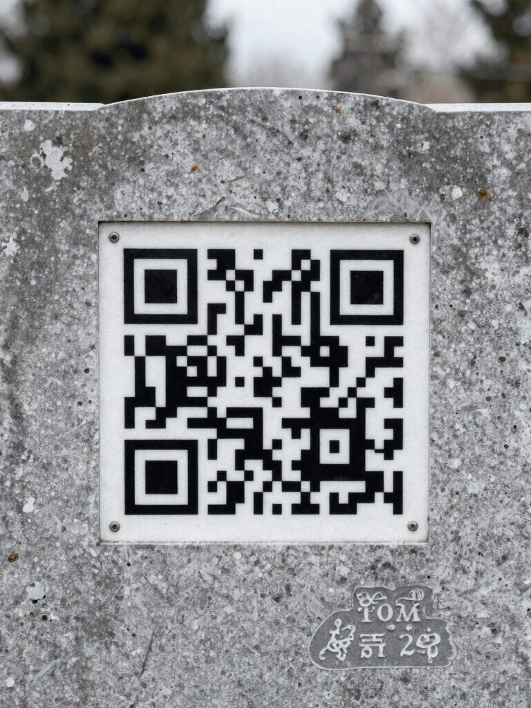 A serene cemetery scene showcasing a personalized tombstone with a QR code plaque