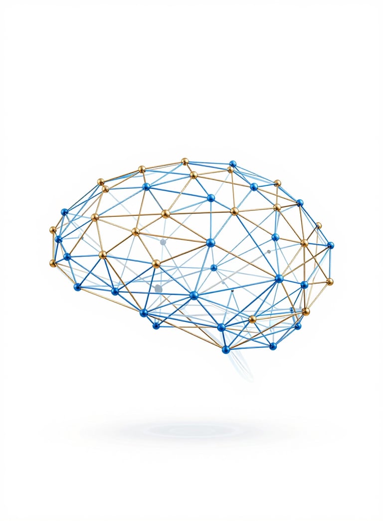 Minimalist graphic art of a sophisticated AI network mesh in sky blue and golden copper tones, set against a clean white background, symbolizing intelligence and connectivity in a modern tech environment.