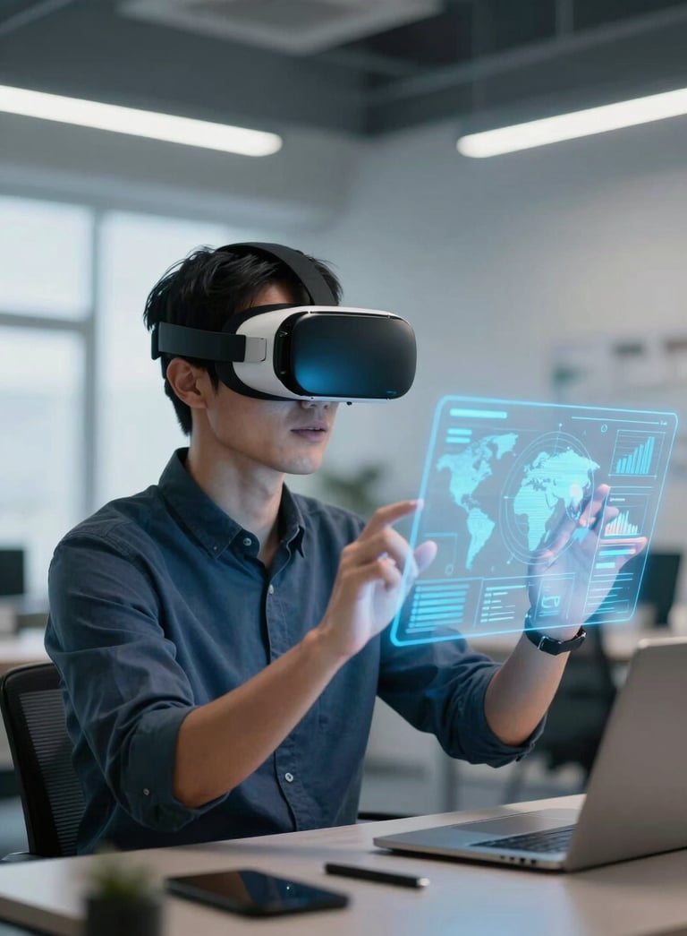 A professional in a clean, modern office wearing a sleek VR headset, interacting with holographic data visualizations. Cinematic lighting, deep blue and soft white tones, North American / Global context.