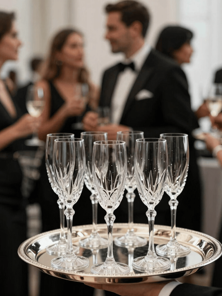 A sophisticated North American evening gala scene. In the background, guests mingle under soft lighting. In the foreground, a polished silver tray holds crystal champagne flutes. The style is high-end commercial photography with deep black and bright white tones.