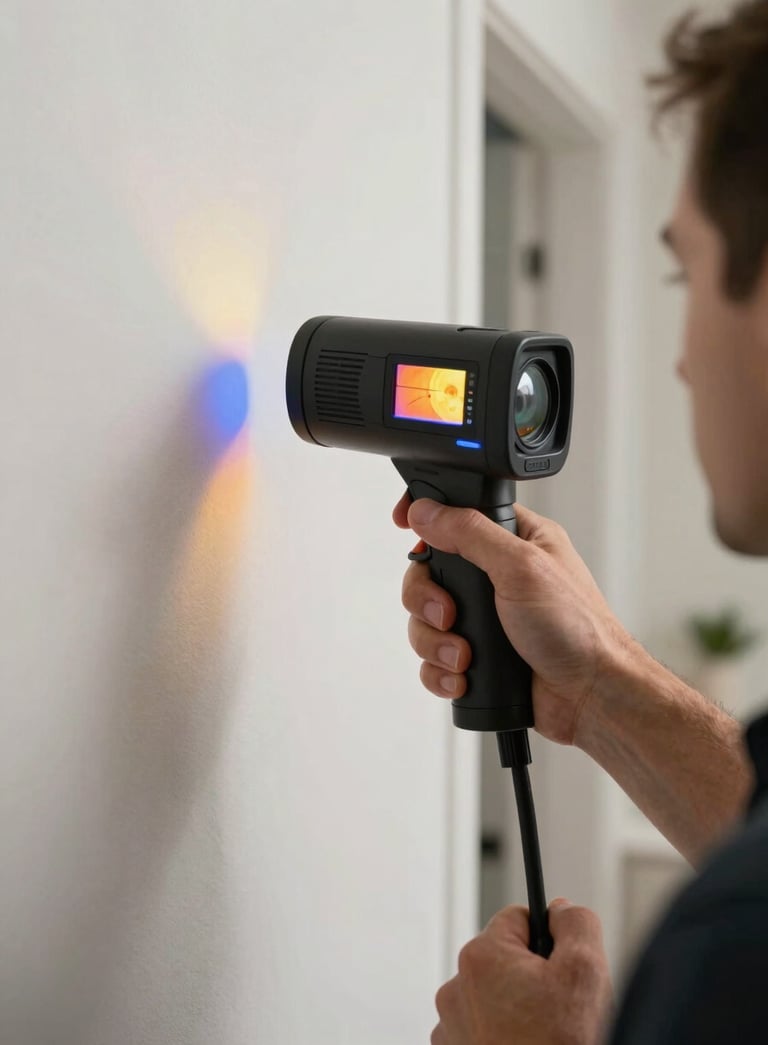 A close-up of a professional infrared camera showing temperature variations on a wall to detect hidden moisture, held by a technician in a modern Orlando residence.