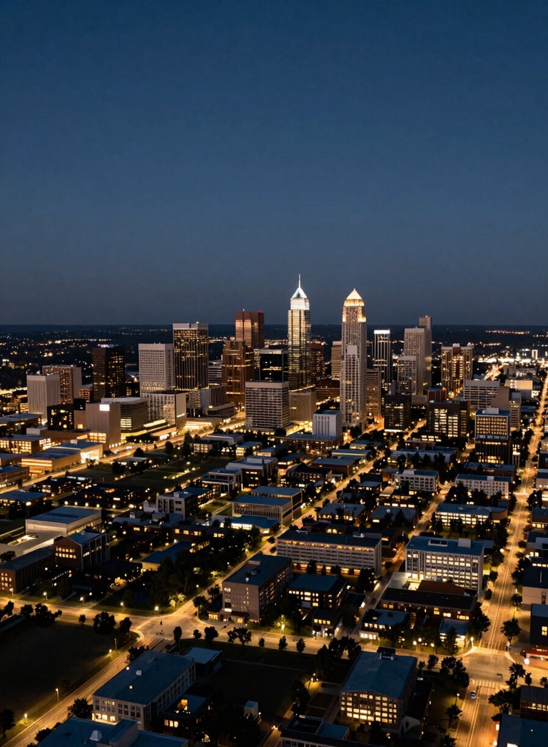 An aerial wide-angle shot of the Research Triangle Park area at twilight. The sky is a deep dark slate blue, with city lights reflecting a warm taupe glow across the sophisticated landscape.