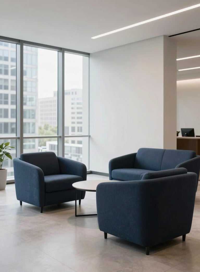 Photography of a clean, minimalist corporate lobby in a North American / US city office, featuring deep navy and slate blue furniture with bright natural lighting.