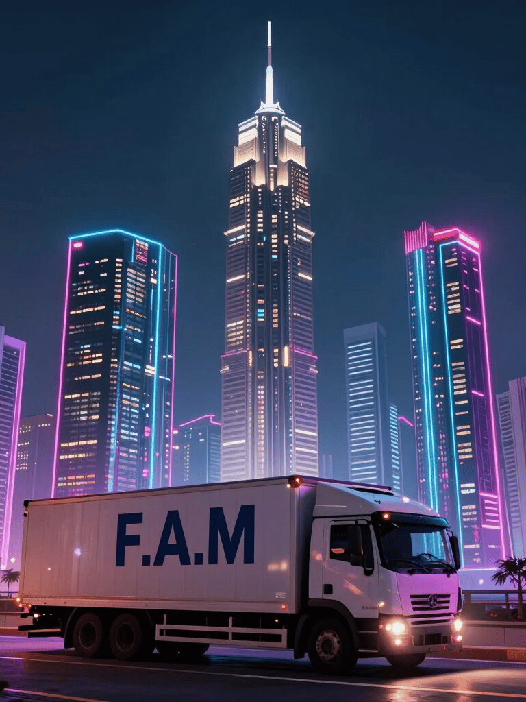 A sharp, professional logo for a trucking company featuring the initials FAM in bold dark blue typography, styled with clean lines that suggest movement and speed, set against a light gray background in a North American office setting.