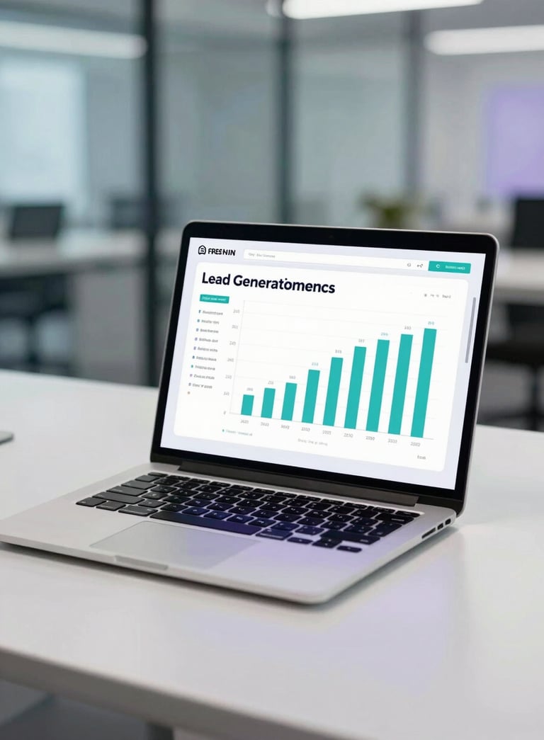 A modern, clean office setting with a sleek laptop displaying lead generation charts. Subtle teal and purple ambient lighting reflecting on glass surfaces, professional and results-oriented mood.