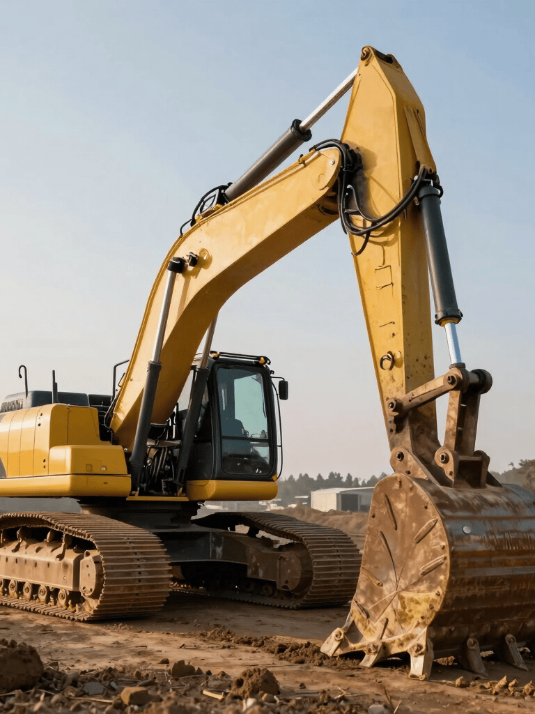 A professional photography shot of a high-end hydraulic excavator bucket resting on soft earth, sharp focus, natural morning light on a North American work site.