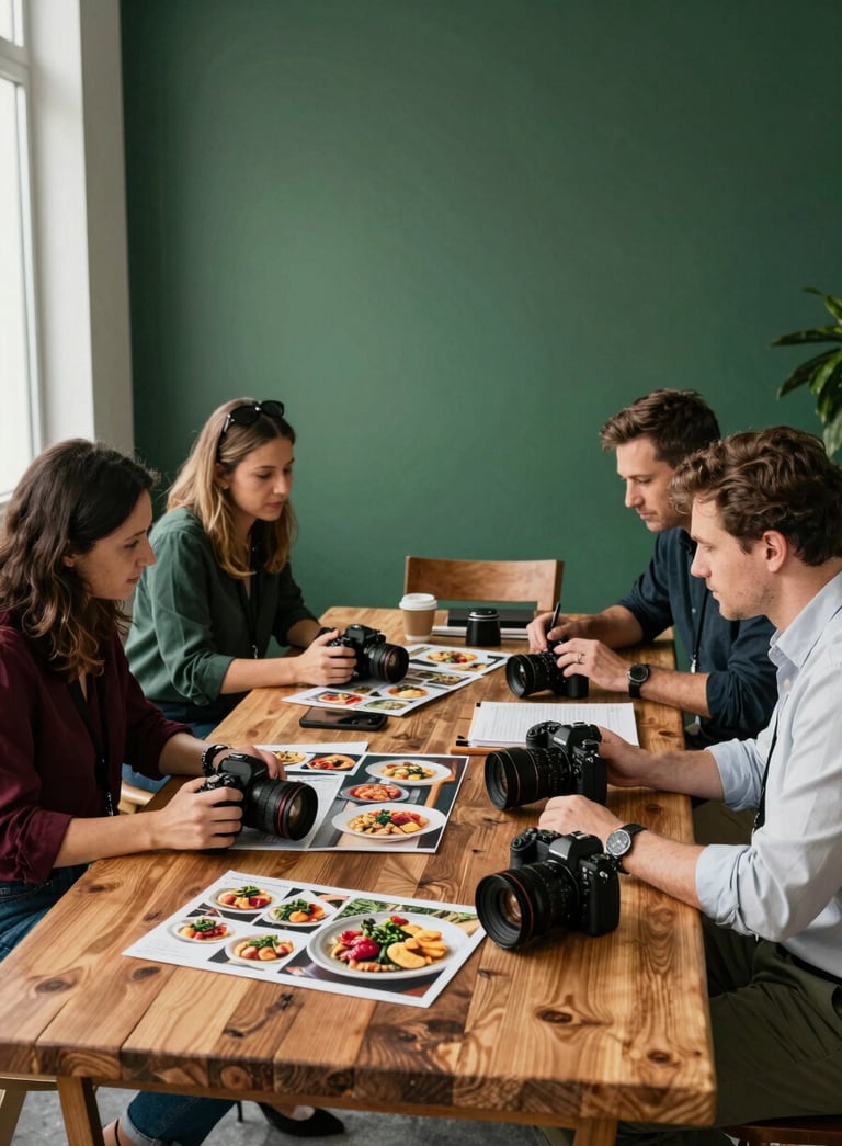 A sophisticated, well-lit North American agency office. A professional team is collaborating around a rustic wooden table covered in food-style mood boards and high-end cameras. The scene features deep ripe crimson and matte forest green accents. Warm natural lighting.