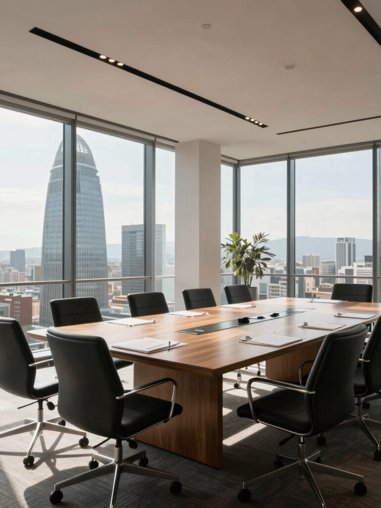 A wide-angle shot of a sophisticated, modern boardroom in a Barcelona skyscraper. Sunlight flows through large windows, highlighting a clean, professional atmosphere. Iberian Peninsula / Spanish.