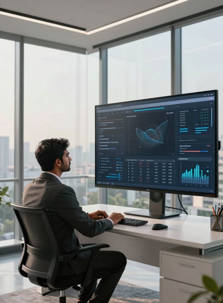 High-end modern office interior in Coimbatore, large glass windows showing a soft cityscape, a South Asian professional looking at a clean digital dashboard on a large screen, morning light, sophisticated charcoal and white tones.