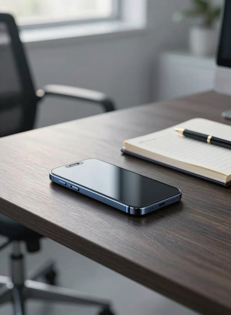 A modern, minimalist office space in the US with soft morning light, showing a sleek smartphone on a dark wood desk next to a designer's notebook, professional and clean atmosphere, using light grey and blue tones.