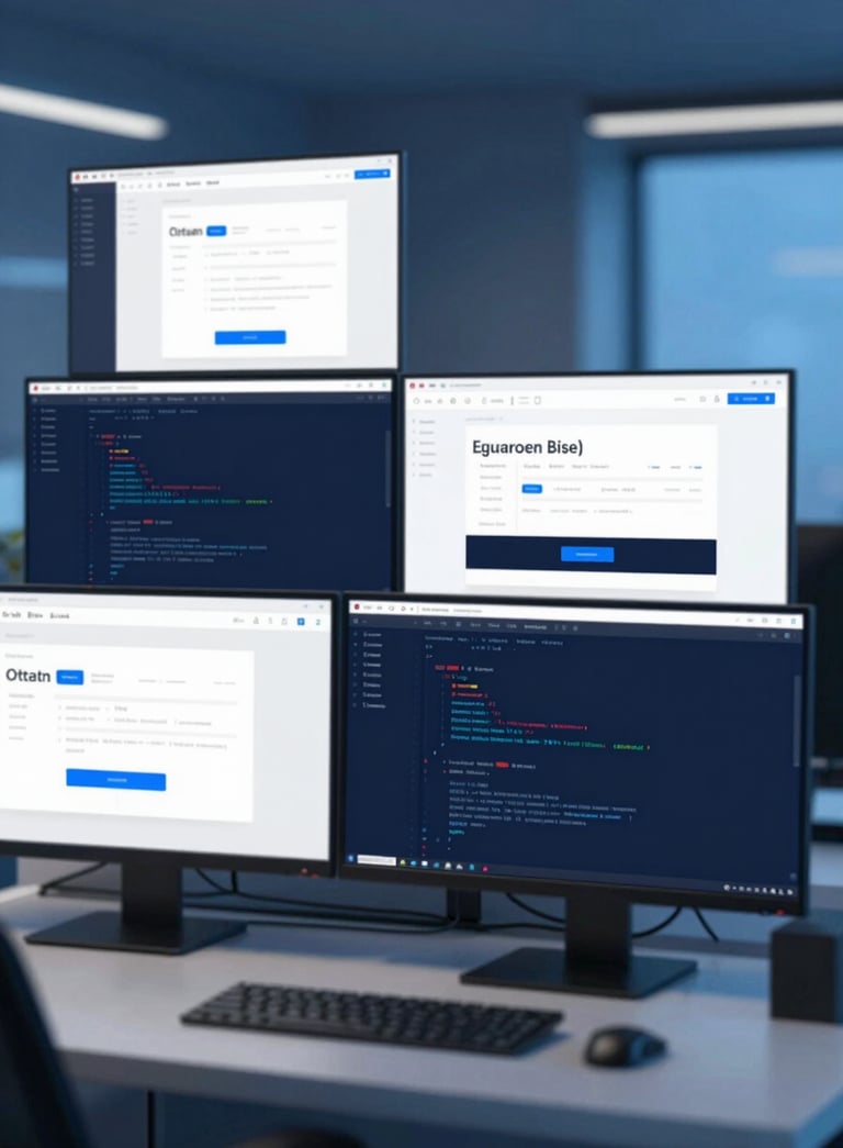 A professional developer's workspace with multiple monitors showing clean, structured code and minimalist website layouts, set in a modern office with deep blue (#0E1B25) and light blue (#6C8CA7) highlights.
