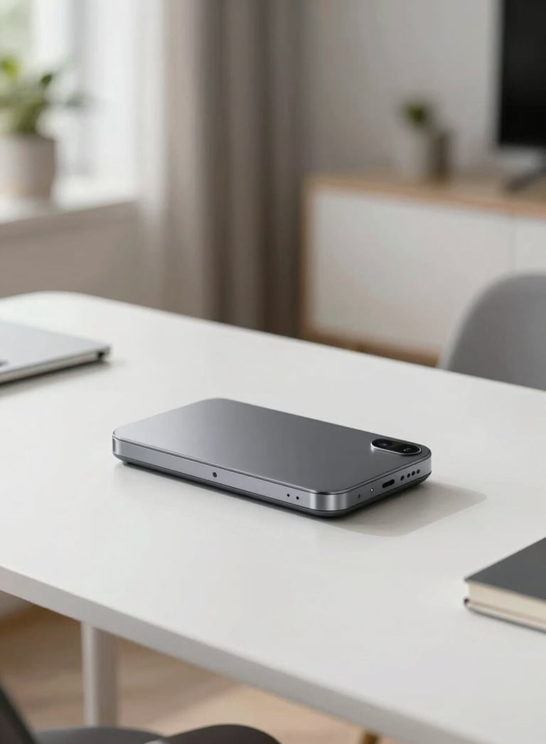 A minimalist, high-tech Android device resting on a clean white desk in a modern North American home, daytime photography with bright and airy lighting.