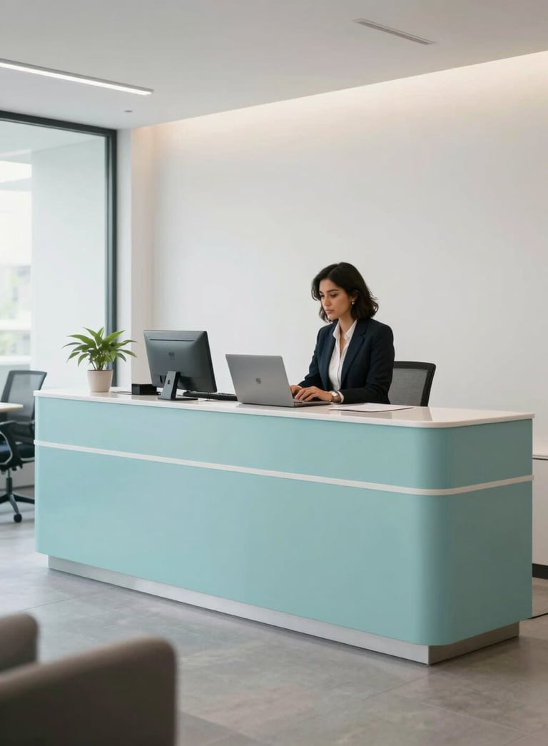 A professional and modern South American corporate office reception area with minimalist furniture, light teal accents, and clean white walls, featuring soft natural lighting and a sense of organized efficiency.