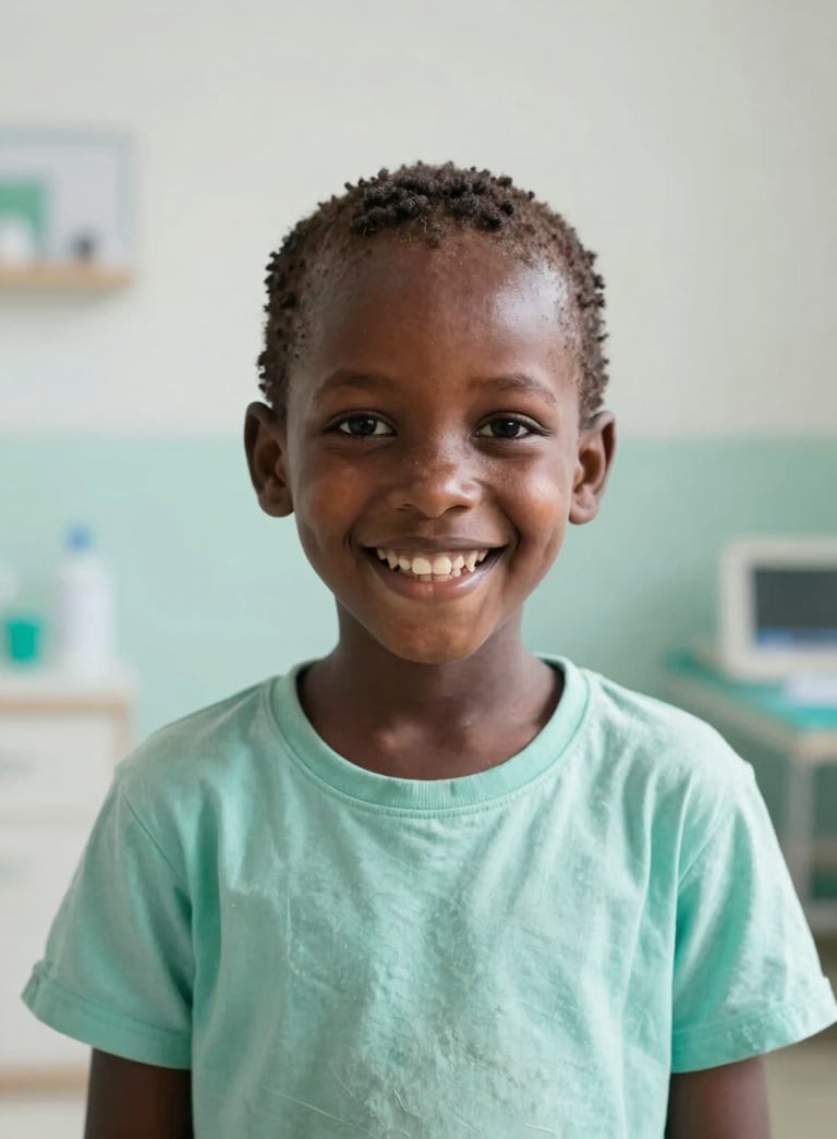 A heartwarming, high-key photograph of an Ethiopian child smiling brightly in a medical clinic, featuring soft lighting and a clean environment with accents of soft mint green and pale mist white.
