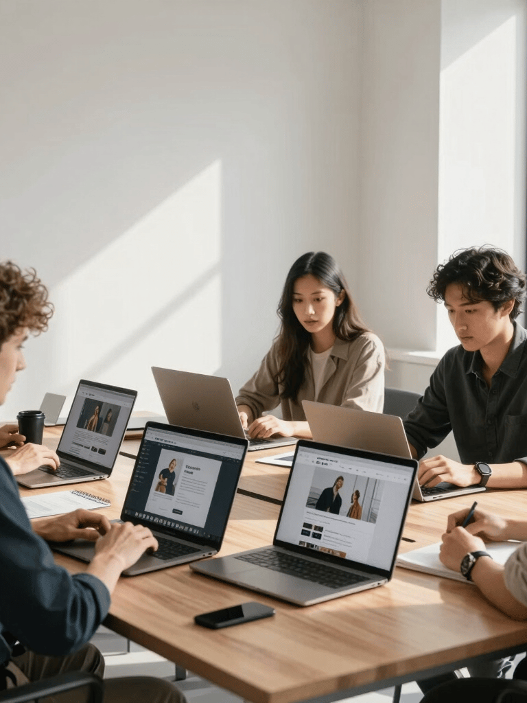 A modern, sunlit North American / US digital agency office with a minimal aesthetic. A small team is gathered around a light oak table, focused on laptops showing professional website design and creative strategies.
