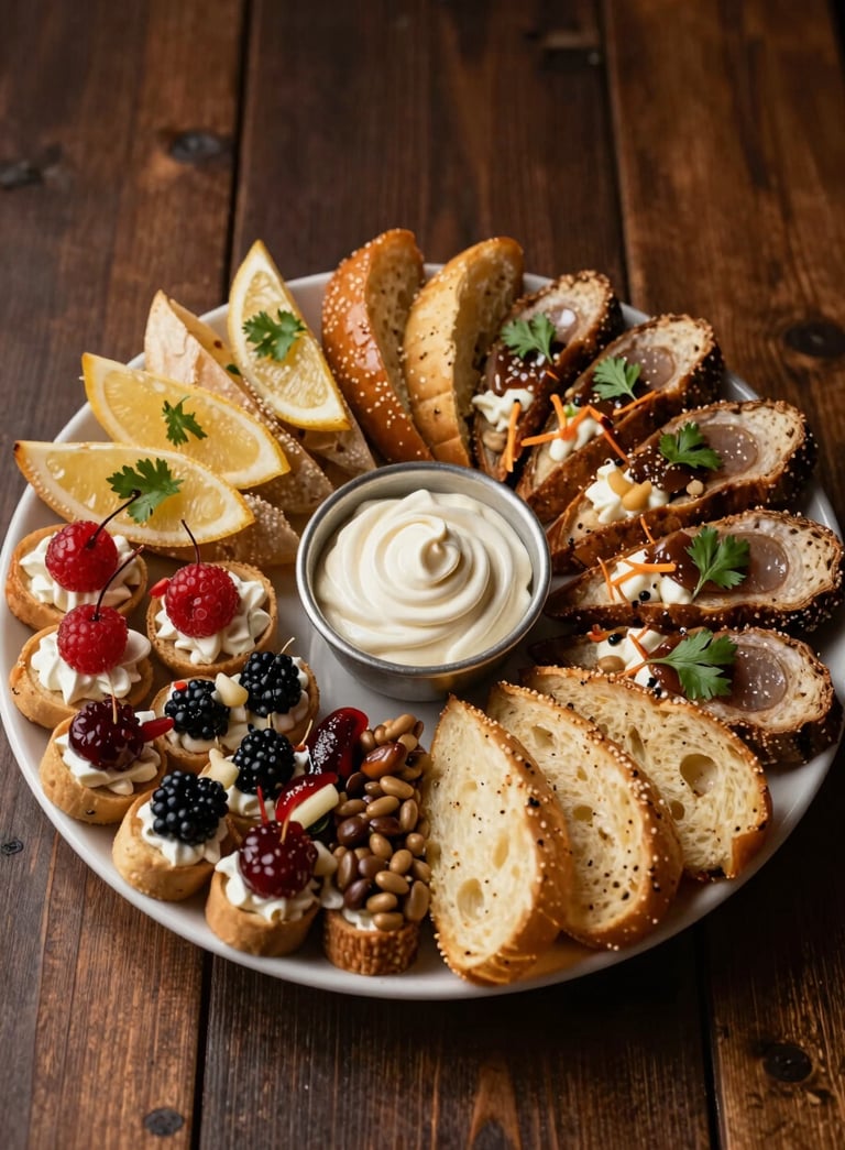 A top-down professional food photography shot of a diverse catering platter featuring appetizers and finger foods, arranged on a dark brown wooden table with soft focus. Latinoamericano style.