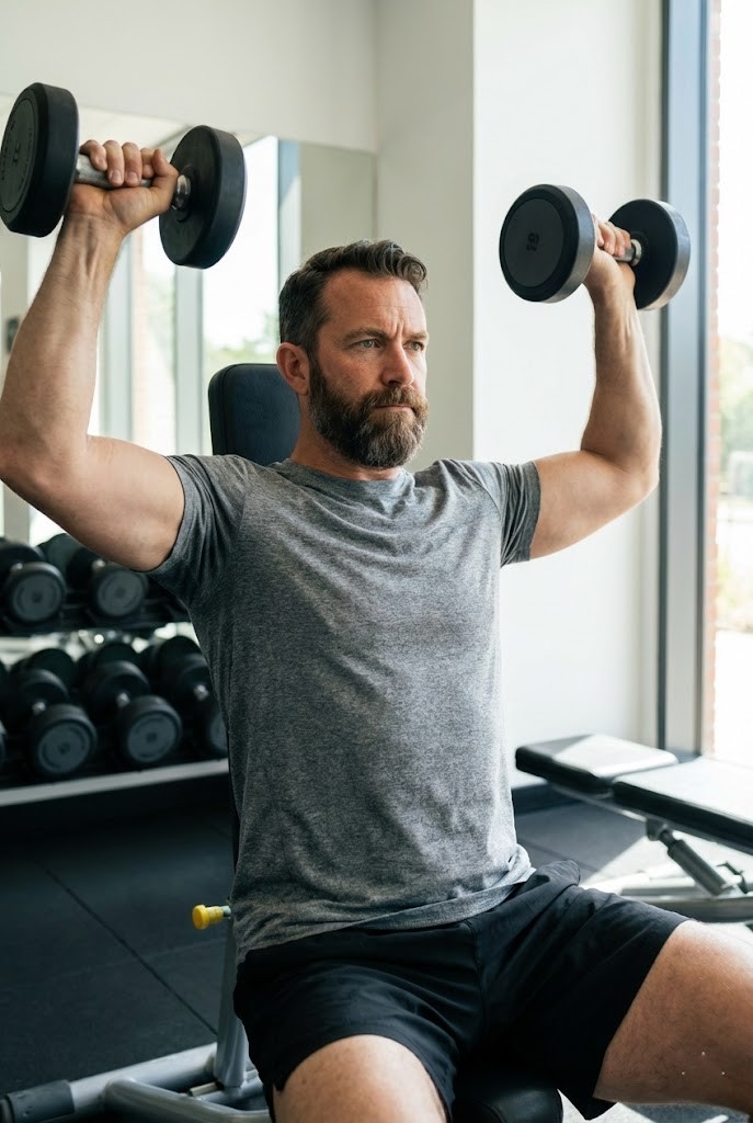 A bearded man performs a seated dumbbell shoulder press for strength training in a gym.