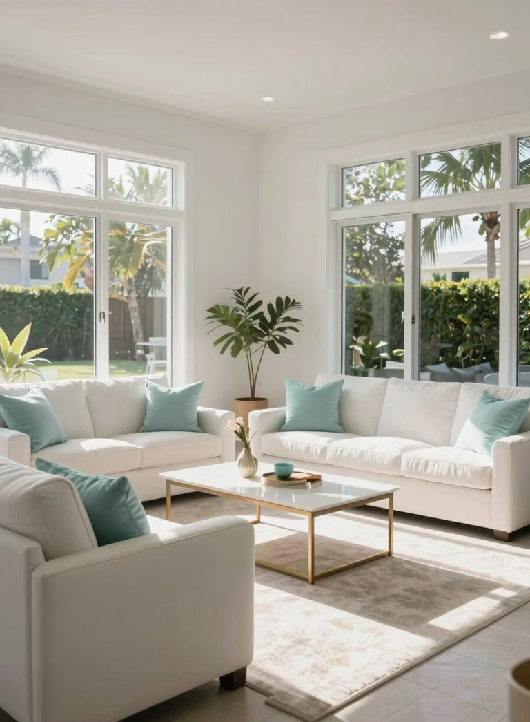 A bright, airy modern living room in Bradenton, Florida. Large windows let in natural sunlight onto pristine white furniture with soft cyan decorative accents. Professional architectural photography style, calm and clean atmosphere.
