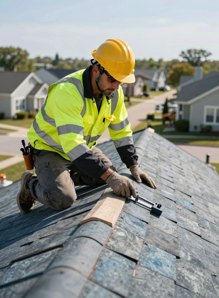 A professional roofing contractor in high-visibility safety gear inspecting a roof peak on a sunny day in a North American residential neighborhood, slate blue and dark gray color palette.