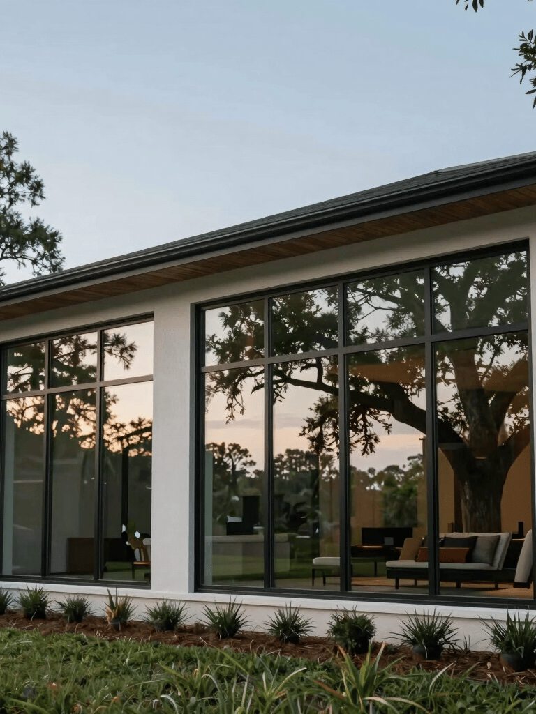 A wide-angle exterior photograph of a contemporary North American home in Gainesville, Florida, with floor-to-ceiling windows that are flawlessly clean, reflecting the soft blue sky and lush green oaks.