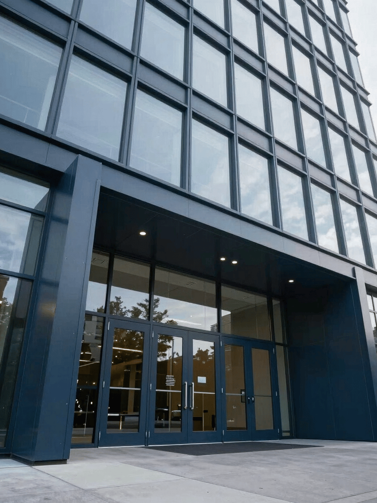 A low-angle exterior shot of a modern North American corporate headquarters featuring massive architectural glass and dark blue steel doors at the entrance.