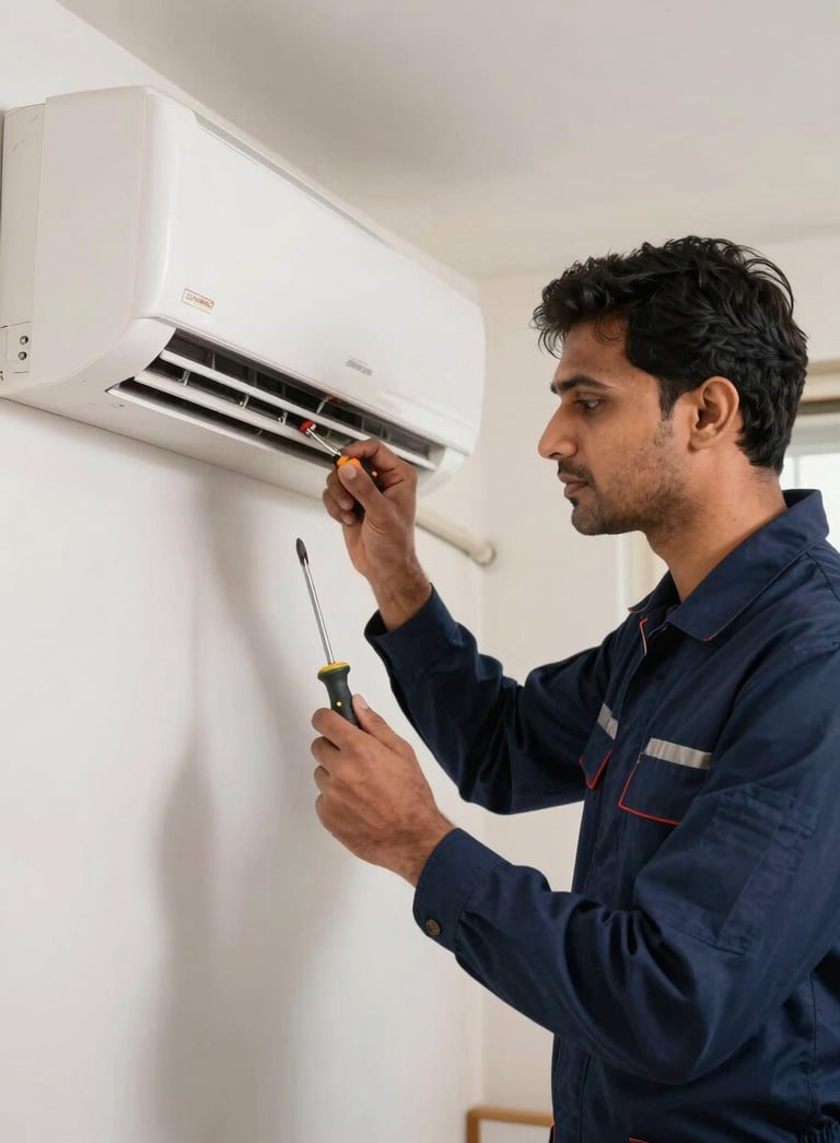 A professional South Asian technician in a smart navy blue uniform repairing a modern wall-mounted split AC unit in a clean Noida apartment, focused expression, holding a professional screwdriver.