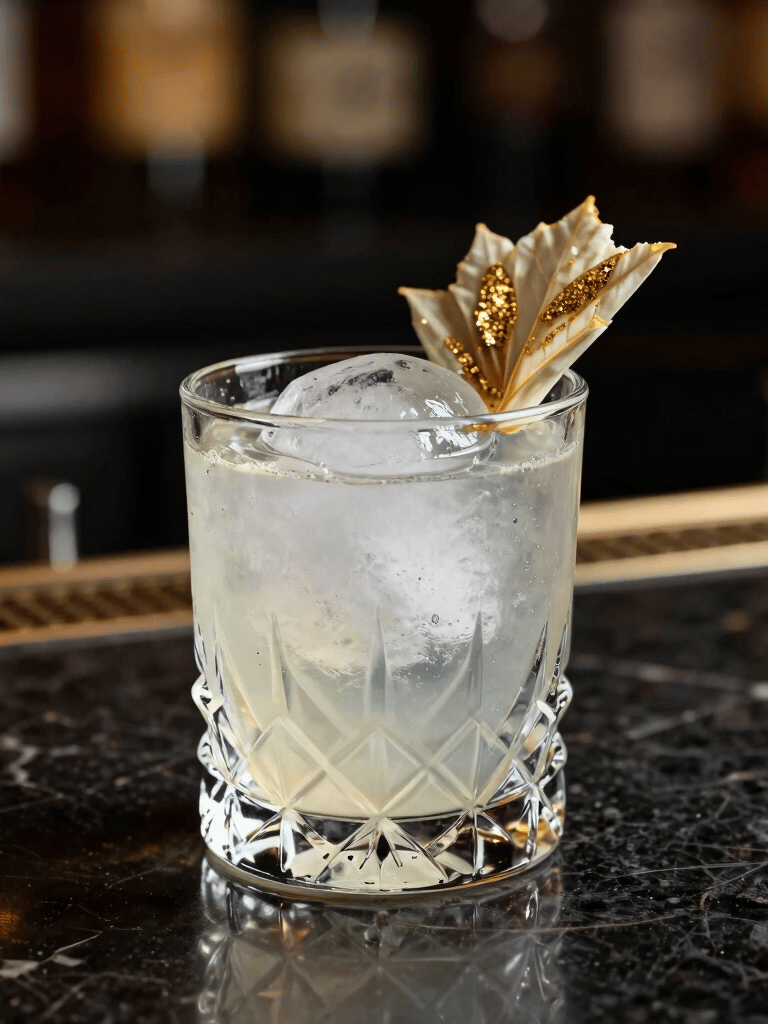 An exquisite craft cocktail in a crystal lowball glass with a clean ice sphere and a subtle gold-dusted botanical garnish, set on a dark, reflective marble counter. Moody, professional editorial photography, South American / Brazilian upscale lounge vibe, soft gold accents.