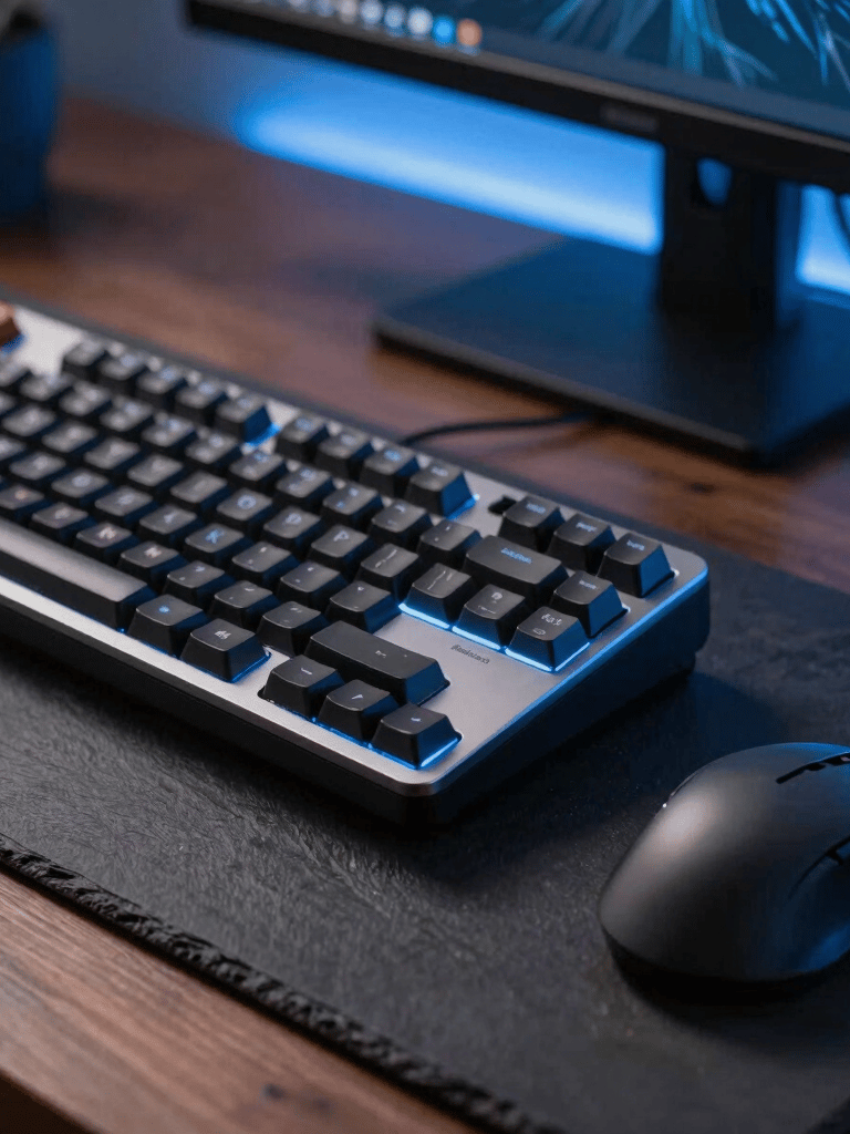 A close-up of a high-end mechanical keyboard and a professional mouse on a dark slate desk, illuminated by cool blue ambient light from a monitor. Modern North American home office aesthetic.
