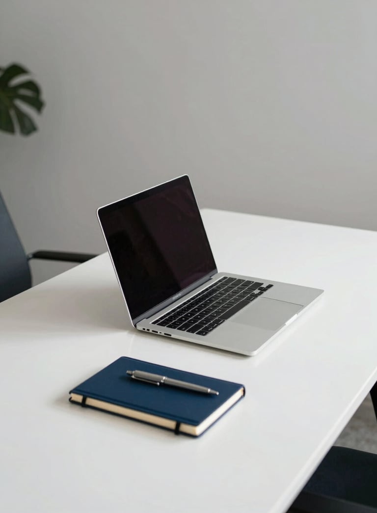 A clean, wide-angle shot of a minimalist North American office workspace with a white desk. A sleek metallic laptop is open on the desk, surrounded by a navy blue notebook and a silver pen. The lighting is soft and professional, highlighting a modern and efficient vibe.