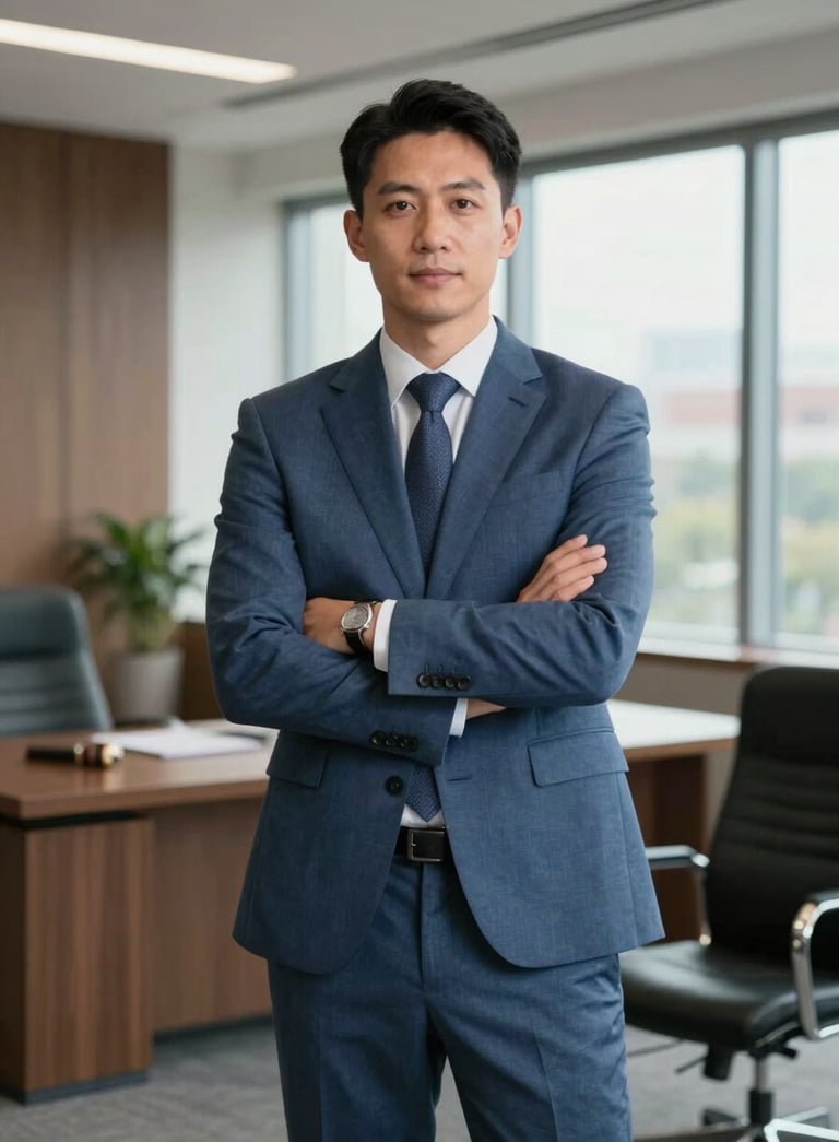 A professional attorney in a slate blue suit standing confidently in a modern North American / US / California law office with large windows, natural soft lighting, conveying steadfast reliability.