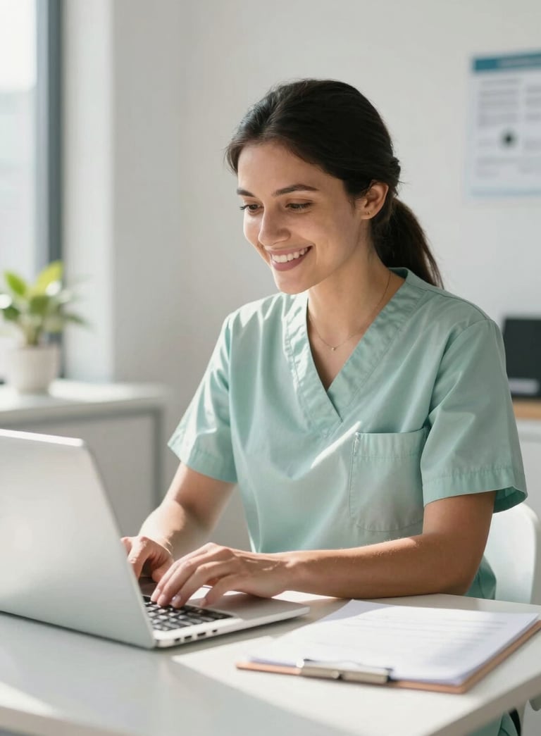 A professional physiotherapist in a bright South American modern office smiling while looking at a laptop screen, soft natural sunlight, professional attire in soft greens and whites, clean and welcoming atmosphere.