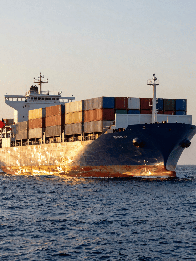 Un gran buque portacontenedores navegando por un canal de Latinoamérica al atardecer, reflejos dorados sobre el mar azul marino profundo, composición majestuosa y profesional.