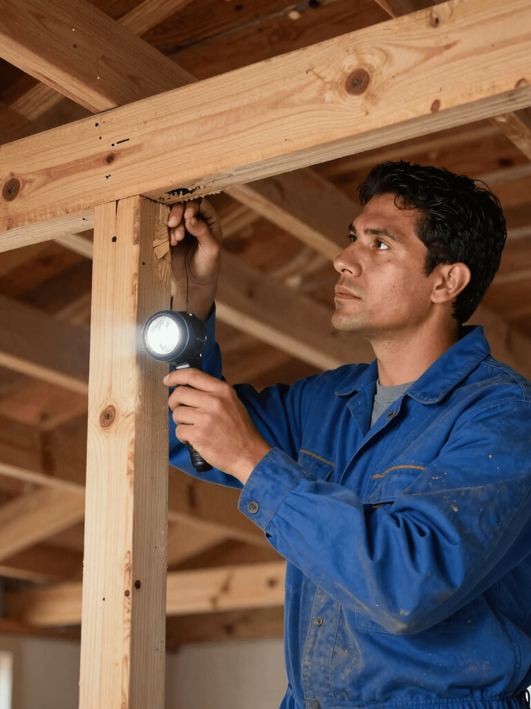 Hispanic / Latin American professional technician in a dusty blue uniform inspecting a house attic structure with a high-powered flashlight, sharp focus on the timber, professional photography style.
