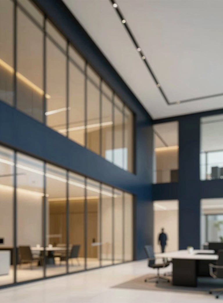 A sophisticated, low-angle shot of a modern office interior in Riyadh, featuring sleek glass walls and minimalist decor. Subtle accents of #B8936F gold and #1A202C navy blue appear in the professional environment.