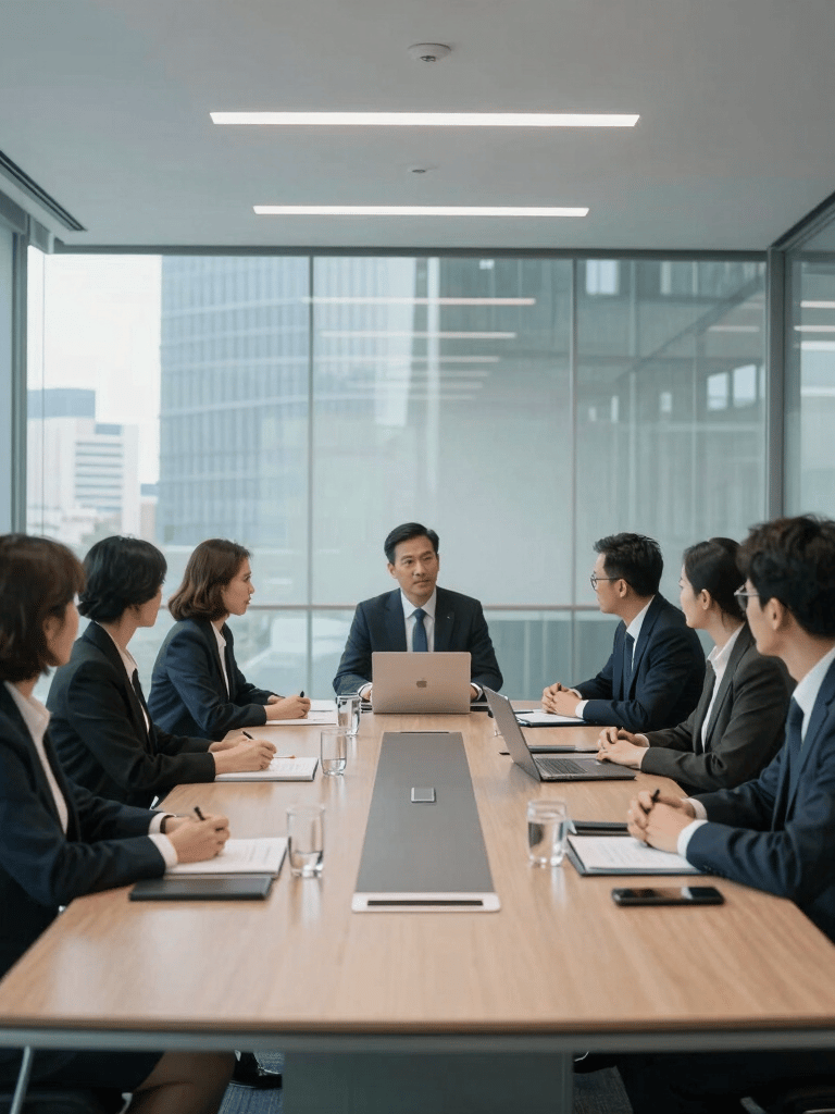 A high-end, professional business environment in a Western European business district. Wide shot of a clean, organized meeting room with glass walls and views of city architecture. Sophisticated atmosphere with dark navy and light blue accents.