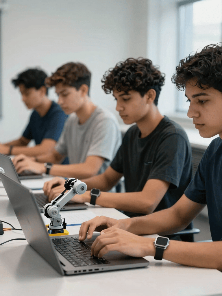 A group of professional South American students in a modern, tech-focused classroom, working with laptops and robotic components, soft natural light, premium cinematic photography style.