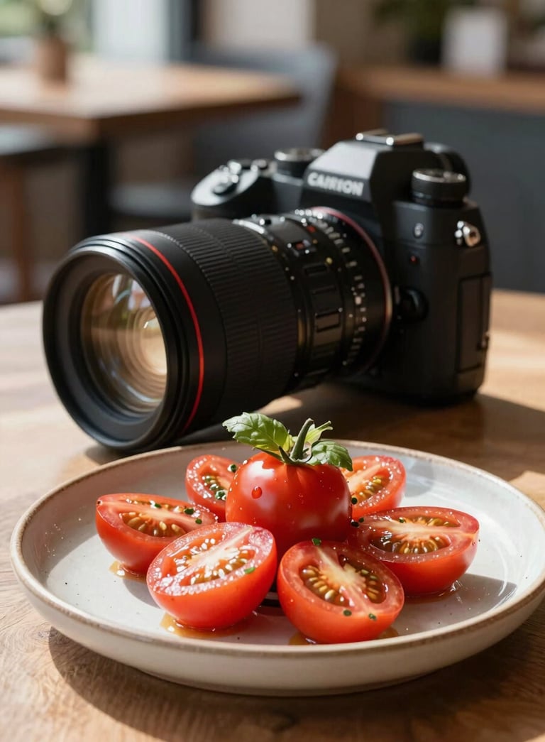 A high-end professional camera lens focusing on a vibrant red heirloom tomato salad plated on a ceramic dish in a sunlit Northern European / Scandinavian restaurant setting.